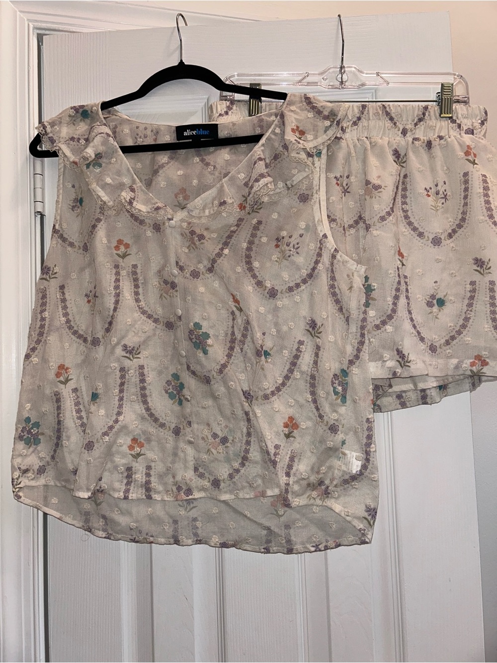 alice blue Cream Pastel Floral Ruffled Tank Shorts Set XL Cottagecore